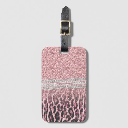 Chic Girly Pink Leopard animal print Glitter Image Bagagelabel (Voorkant (verticaal))
