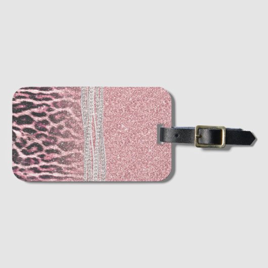 Chic Girly Pink Leopard animal print Glitter Image Bagagelabel (Voorkant (horizontaal))