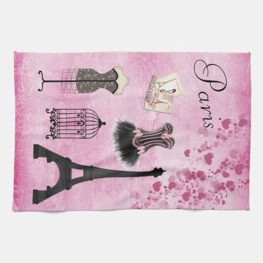 Chic Girly Pink Paris Mode Kitchen Towel Theedoek (Horizontaal)