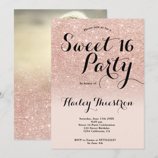 Chic girly roos goud glitter ombre foto Sweet 16 Kaart (Voorkant / Achterkant)