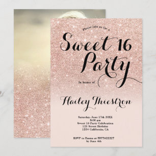 Chic girly roos goud glitter ombre foto Sweet 16 Kaart