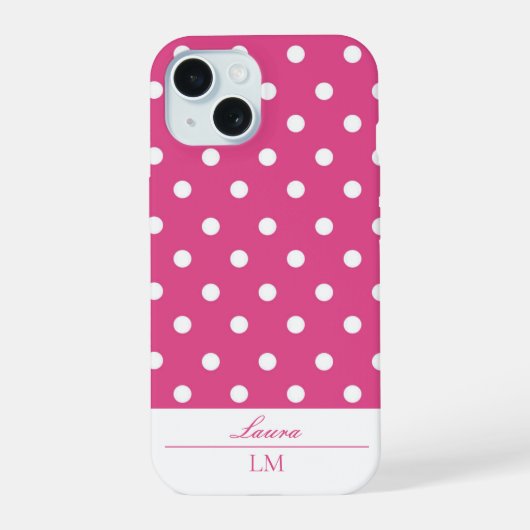 Chic Girly Roze en Witte Polka Dots iPhone 15 Case (Achterkant)