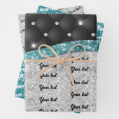 Chic girly Silver glitter black turquoise monogram Inpakpapier Vel (In situ)