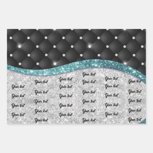 Chic girly Silver glitter black turquoise monogram Inpakpapier Vel (Voorkant)