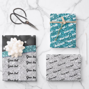 Chic girly Silver glitter black turquoise monogram Inpakpapier Vel