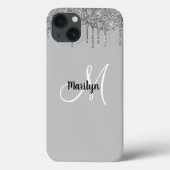 Chic Girly Silver Glitter Drift Monogram Naam Case-Mate iPhone Case (Achterkant)