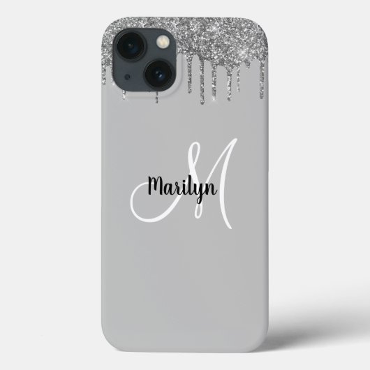 Chic Girly Silver Glitter Drift Monogram Naam Case-Mate iPhone Case (Achterkant)