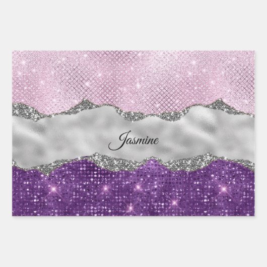 Chic girly Silver glitter paars monogram Inpakpapier Vel (Voorkant)
