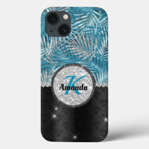 Chic girly turquoise aqua glitter leaves monogram Case-Mate iPhone case