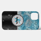 Chic girly turquoise aqua glitter leaves monogram Case-Mate iPhone case (Achterkant (horizontaal))