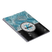 Chic girly turquoise aqua glitter leaves monogram notitieboek (Rechterzijde)