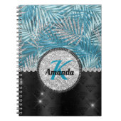 Chic girly turquoise aqua glitter leaves monogram notitieboek (Voorkant)