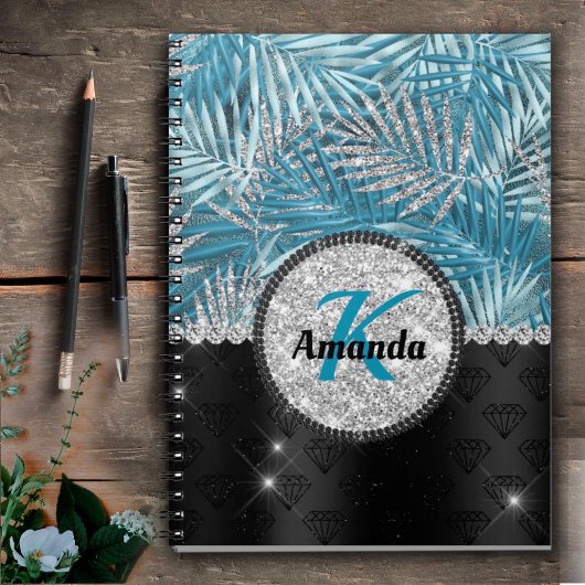 Chic girly turquoise aqua glitter leaves monogram notitieboek