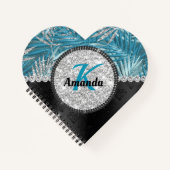 Chic girly turquoise aqua glitter leaves monogram notitieboek (Voorkant)