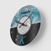 Chic girly turquoise aqua glitter leaves monogram ronde klok (Hoek)
