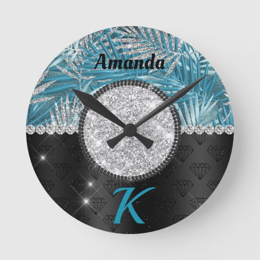 Chic girly turquoise aqua glitter leaves monogram ronde klok (Voorkant)