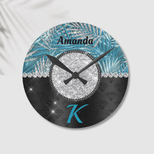 Chic girly turquoise aqua glitter leaves monogram ronde klok