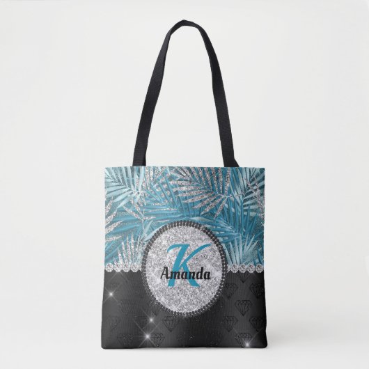 Chic girly turquoise aqua glitter leaves monogram tote bag (Voorkant)