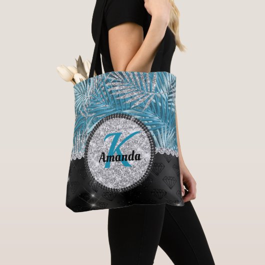 Chic girly turquoise aqua glitter leaves monogram tote bag (Dichtbij)