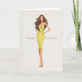 Chic Glam Brunette Woman in Yellow Dress Birthday Kaart