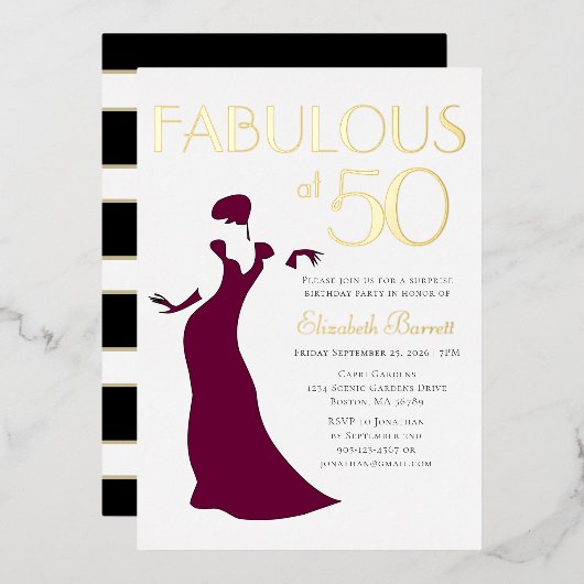 Chic Glam Fabulous, 50 dagen gestreept goud Folie Uitnodiging (Voorkant / Achterkant)