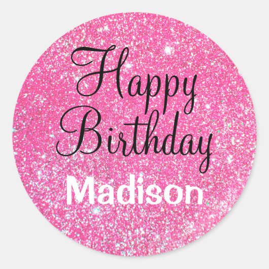 Chic Glam Happy Birthday Hot Pink Glitter Sparkle Ronde Sticker (Voorkant)