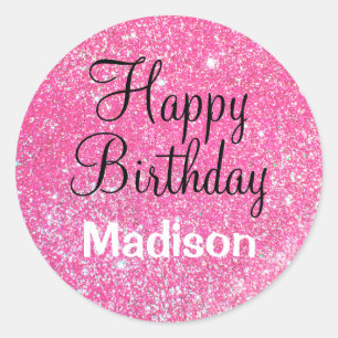 Chic Glam Happy Birthday Hot Pink Glitter Sparkle Ronde Sticker