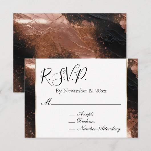 Chic Glam Roos Gold Black Wedding RSVP Informatiekaartje (Voorkant / Achterkant)