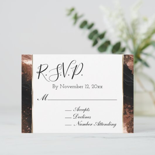 Chic Glam Roos Gold Black Wedding RSVP Informatiekaartje (Staand voorkant)
