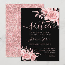 Chic Glam Roos Gold Sweet 16 Glitter Floral Zwart