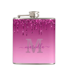Chic Glam roze Glitter Drip Design Name Monogram Heupfles