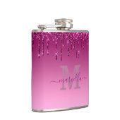 Chic Glam roze Glitter Drip Design Name Monogram Heupfles (Rechts)