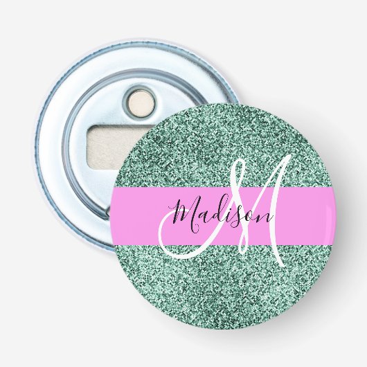 Chic Glam Roze Groen Glitter Fonkelende Naam Monog Button Flesopener (Voorkant)