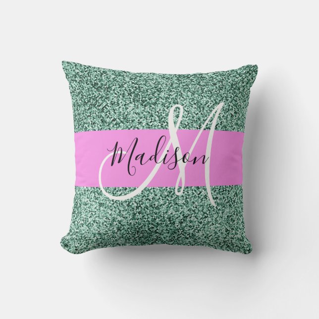 Chic Glam Roze Groen Glitter Glans Naam Monogram Kussen (Voorkant)