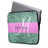 Chic Glam Roze Groen Glitter Glans Naam Monogram Laptop Sleeve (Voorkant Links)