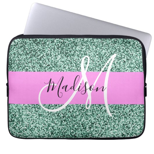 Chic Glam Roze Groen Glitter Glans Naam Monogram Laptop Sleeve (Voorkant)