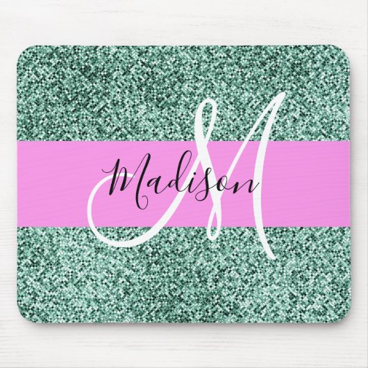 Chic Glam Roze Groen Glitter Glans Naam Monogram Muismat (Voorkant)