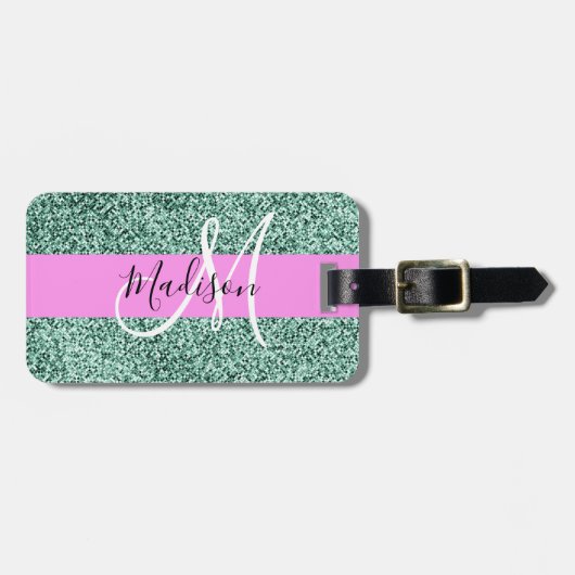 Chic Glam Roze Groen Glitter Sparkle Name Monogram Bagagelabel (Voorkant horizontaal)