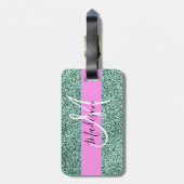 Chic Glam Roze Groen Glitter Sparkle Name Monogram Bagagelabel (Achterkant verticaal)