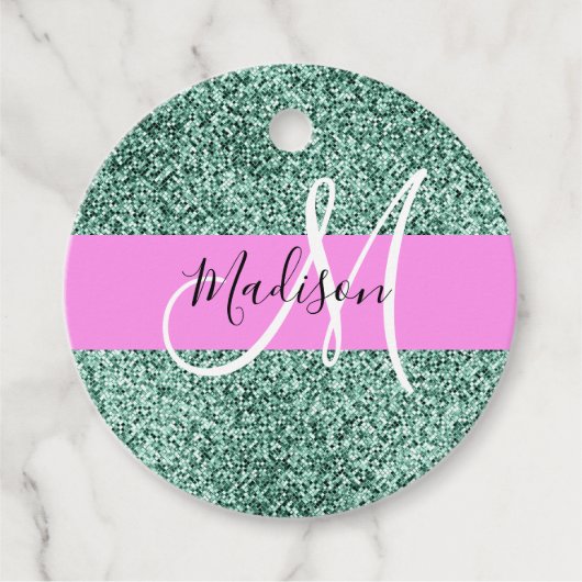 Chic Glam Roze Groen Glitter Sparkle Name Monogram Bedankjes Labels (Voorkant)