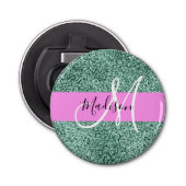 Chic Glam Roze Groen Glitter Sparkle Name Monogram Button Flesopener (Voorkant)