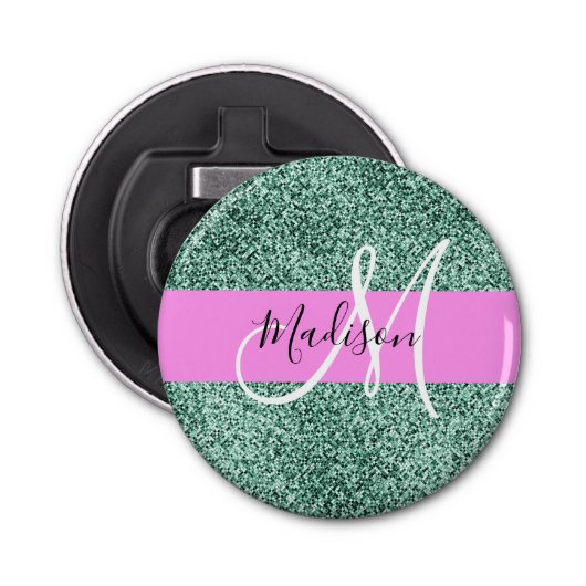 Chic Glam Roze Groen Glitter Sparkle Name Monogram Button Flesopener (Voorkant)