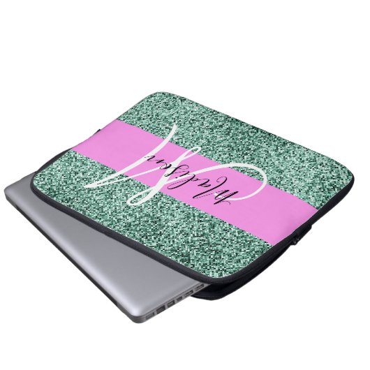 Chic Glam Roze Groen Glitter Sparkle Name Monogram Laptop Sleeve (Voorkant onderkant)