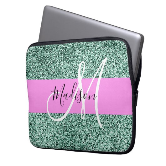 Chic Glam Roze Groen Glitter Sparkle Name Monogram Laptop Sleeve (Voorkant Links)