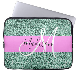 Chic Glam Roze Groen Glitter Sparkle Name Monogram Laptop Sleeve