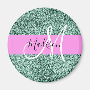 Chic Glam Roze Groen Glitter Sparkle Name Monogram Magneet