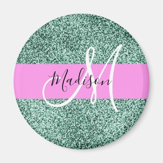 Chic Glam Roze Groen Glitter Sparkle Name Monogram Magneet (Voorkant)