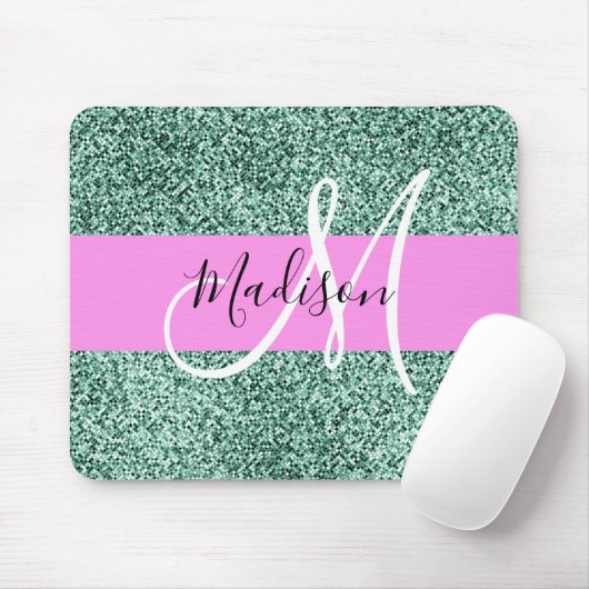 Chic Glam Roze Groen Glitter Sparkle Name Monogram Muismat (Met muis)