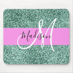 Chic Glam Roze Groen Glitter Sparkle Name Monogram Muismat