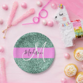 Chic Glam Roze Groen Glitter Sparkle Name Monogram Papieren Bordje (Feest)